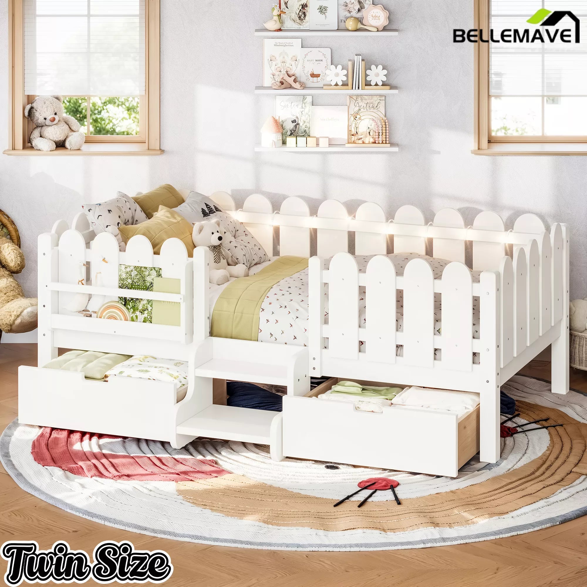 Bellemave® Kids Platform Bed with Guardrail, Bookshelf, Stairs & LED Lights - Bellemave