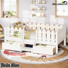 Bellemave® Kids Platform Bed with Guardrail, Bookshelf, Stairs & LED Lights - Bellemave