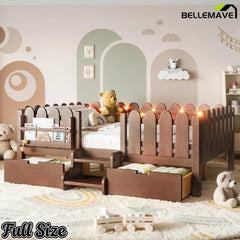 Bellemave® Kids Platform Bed with Guardrail, Bookshelf, Stairs & LED Lights - Bellemave