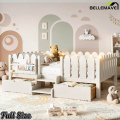 Bellemave® Kids Platform Bed with Guardrail, Bookshelf, Stairs & LED Lights - Bellemave