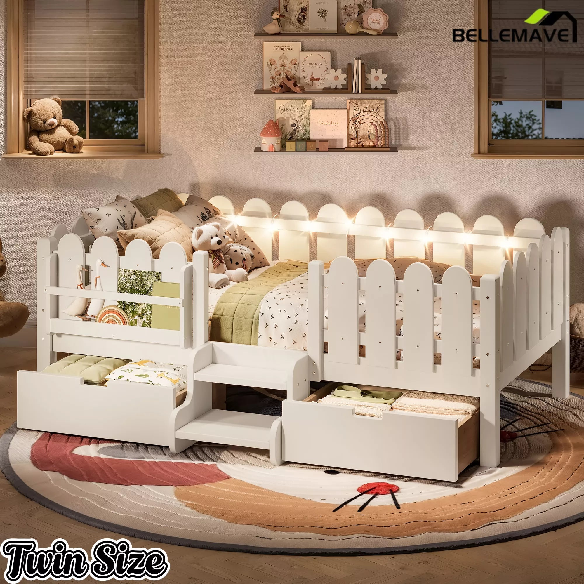 Bellemave® Kids Platform Bed with Guardrail, Bookshelf, Stairs & LED Lights - Bellemave