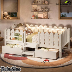 Bellemave® Kids Platform Bed with Guardrail, Bookshelf, Stairs & LED Lights - Bellemave
