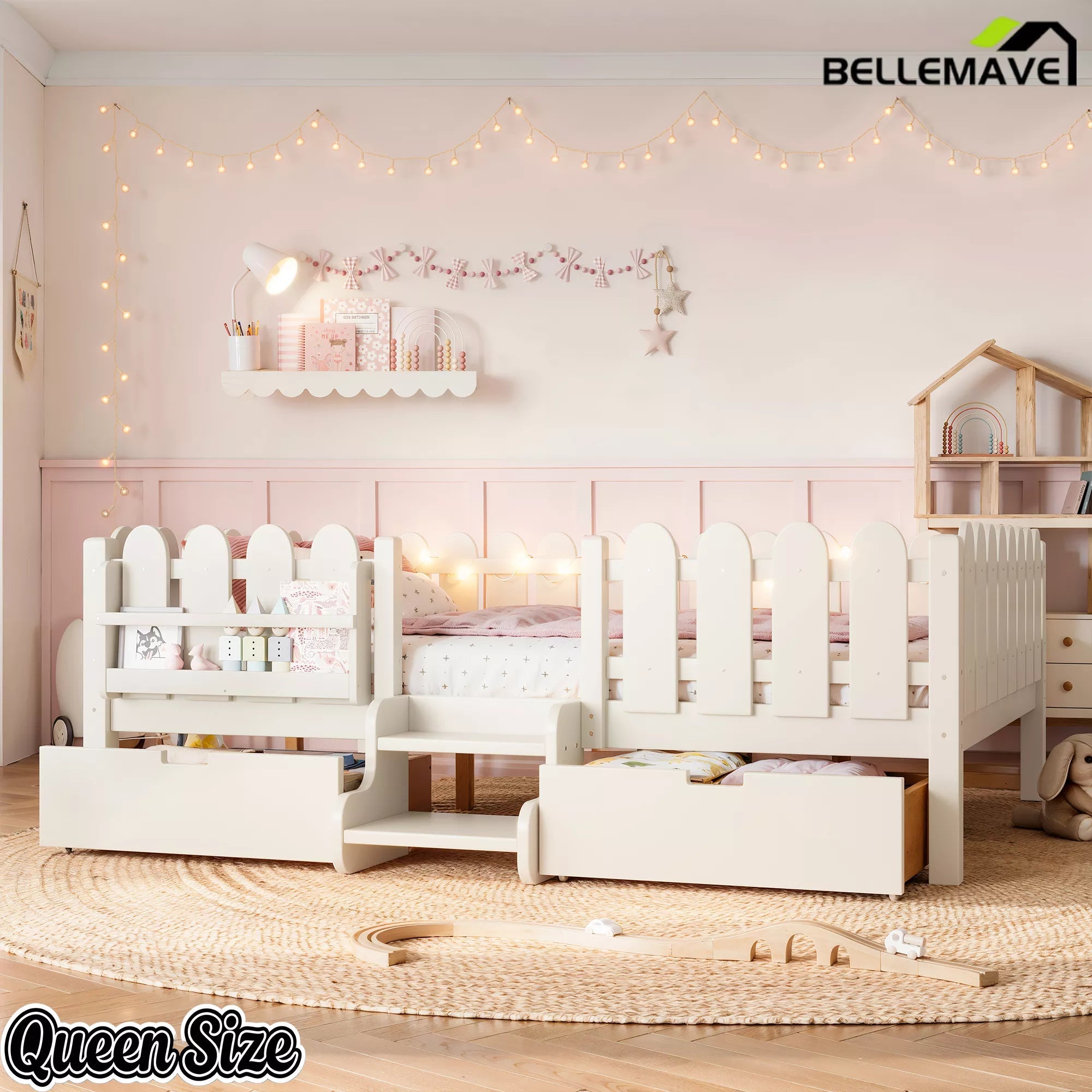 Bellemave® Kids Platform Bed with Guardrail, Bookshelf, Stairs & LED Lights - Bellemave