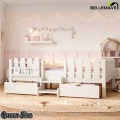 Bellemave® Kids Platform Bed with Guardrail, Bookshelf, Stairs & LED Lights - Bellemave
