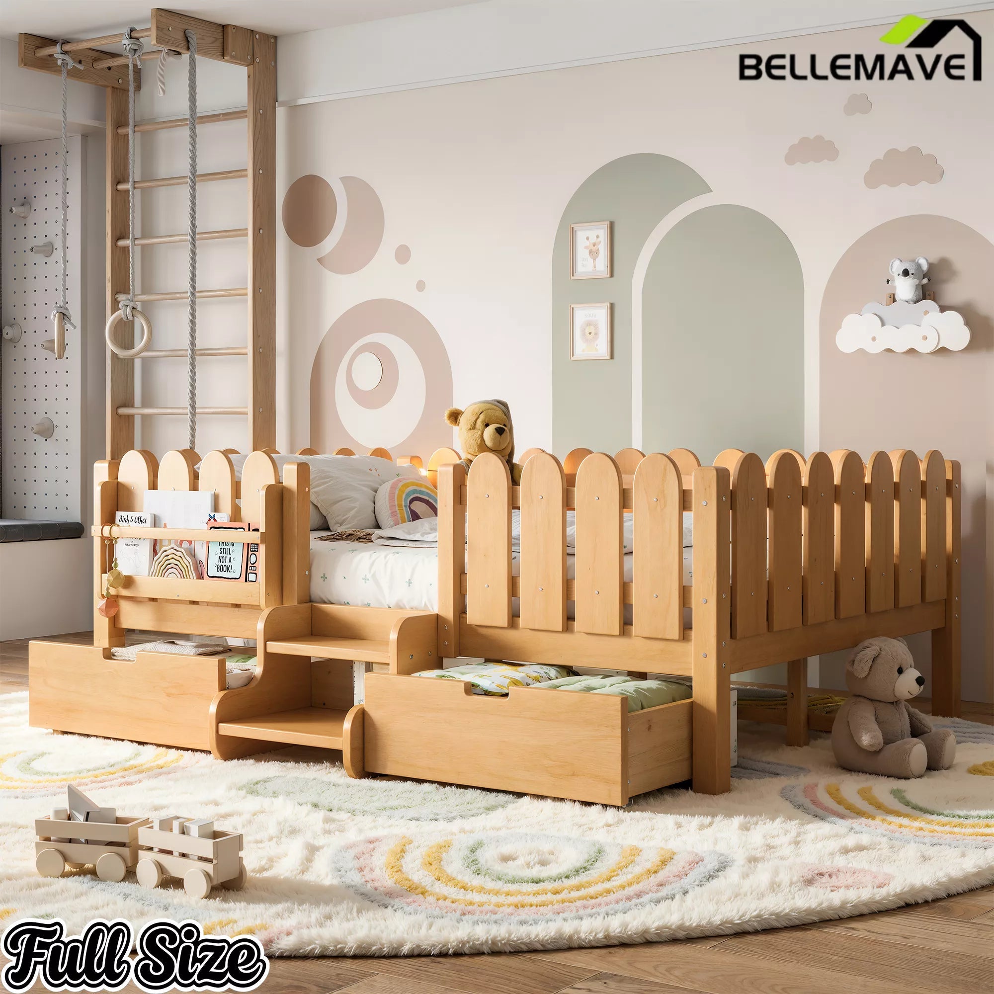 Bellemave® Kids Platform Bed with Guardrail, Bookshelf, Stairs & LED Lights - Bellemave