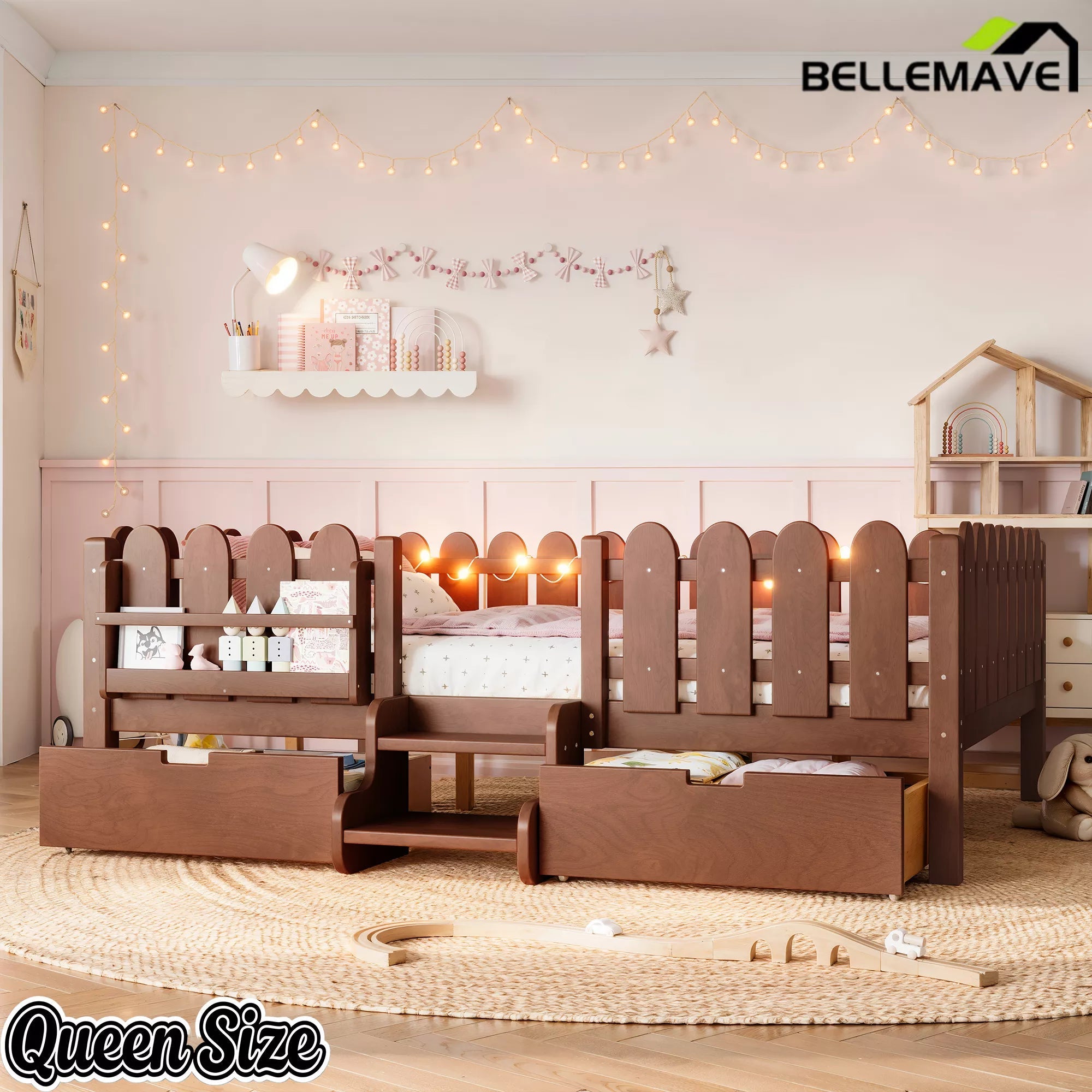 Bellemave® Kids Platform Bed with Guardrail, Bookshelf, Stairs & LED Lights - Bellemave