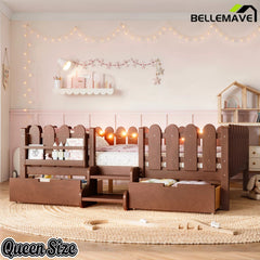 Bellemave® Kids Platform Bed with Guardrail, Bookshelf, Stairs & LED Lights - Bellemave