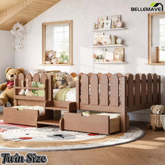 Bellemave® Kids Platform Bed with Guardrail, Bookshelf, Stairs & LED Lights - Bellemave