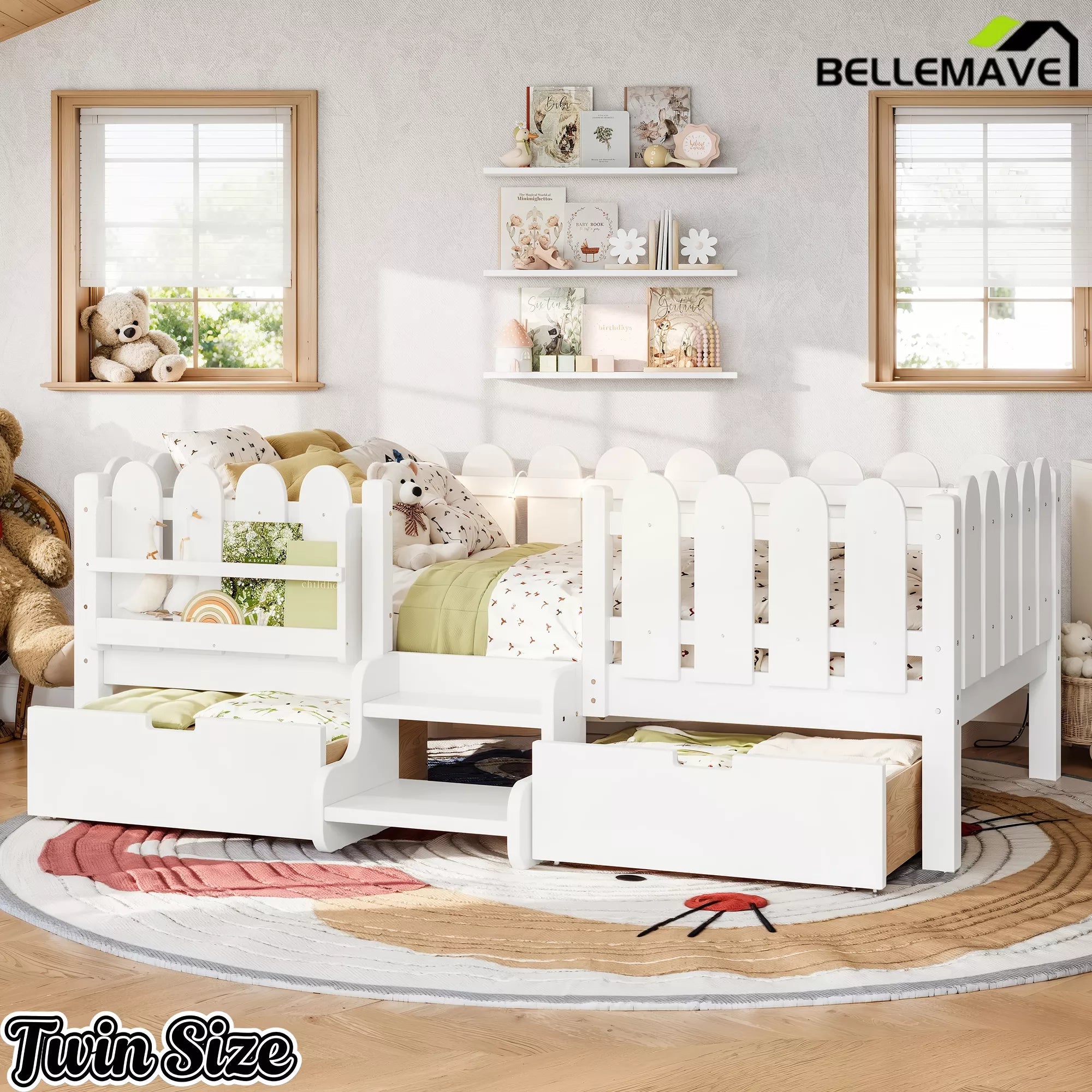 Bellemave® Kids Platform Bed with Guardrail, Bookshelf, Stairs & LED Lights - Bellemave