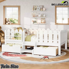 Bellemave® Kids Platform Bed with Guardrail, Bookshelf, Stairs & LED Lights - Bellemave