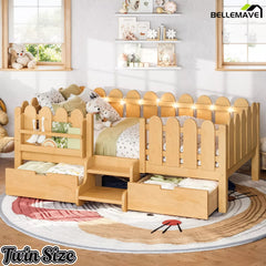 Bellemave® Kids Platform Bed with Guardrail, Bookshelf, Stairs & LED Lights - Bellemave