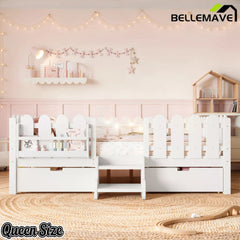 Bellemave® Kids Platform Bed with Guardrail, Bookshelf, Stairs & LED Lights - Bellemave