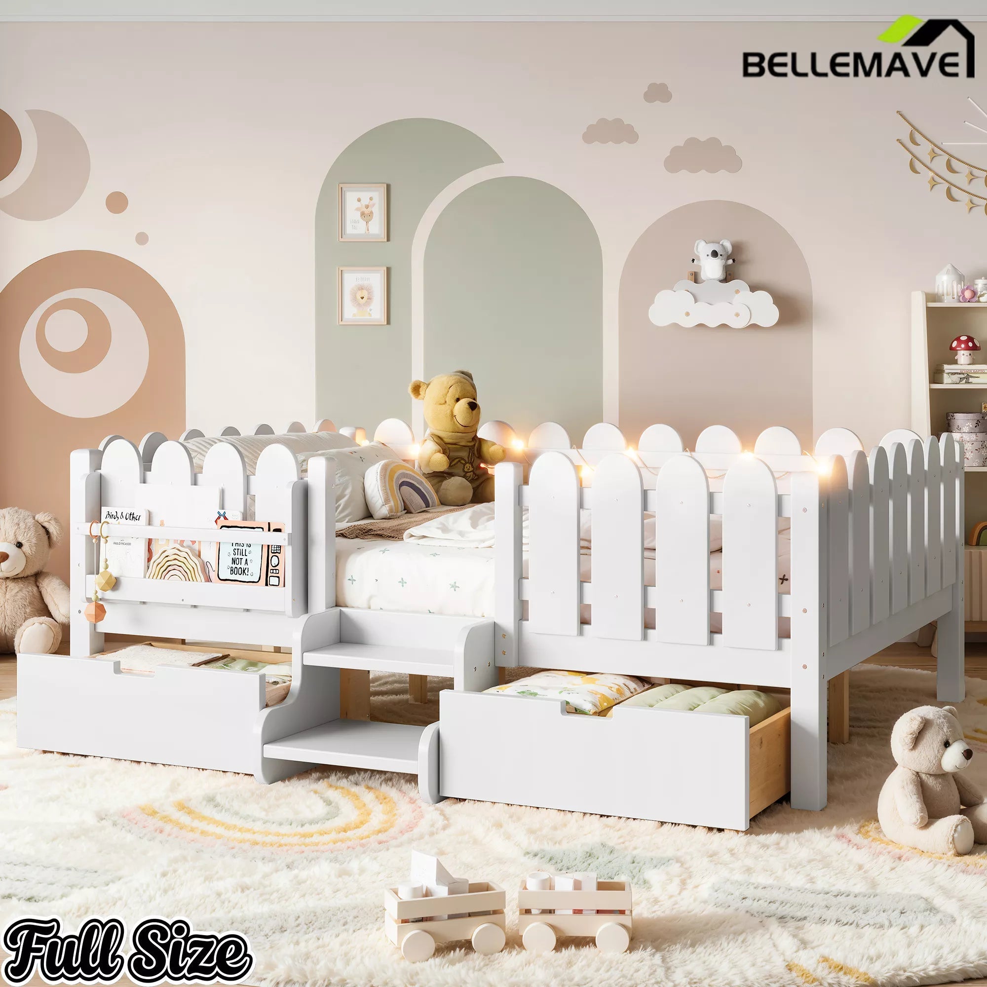 Bellemave® Kids Platform Bed with Guardrail, Bookshelf, Stairs & LED Lights - Bellemave