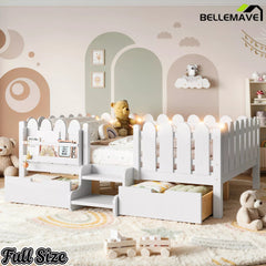 Bellemave® Kids Platform Bed with Guardrail, Bookshelf, Stairs & LED Lights - Bellemave