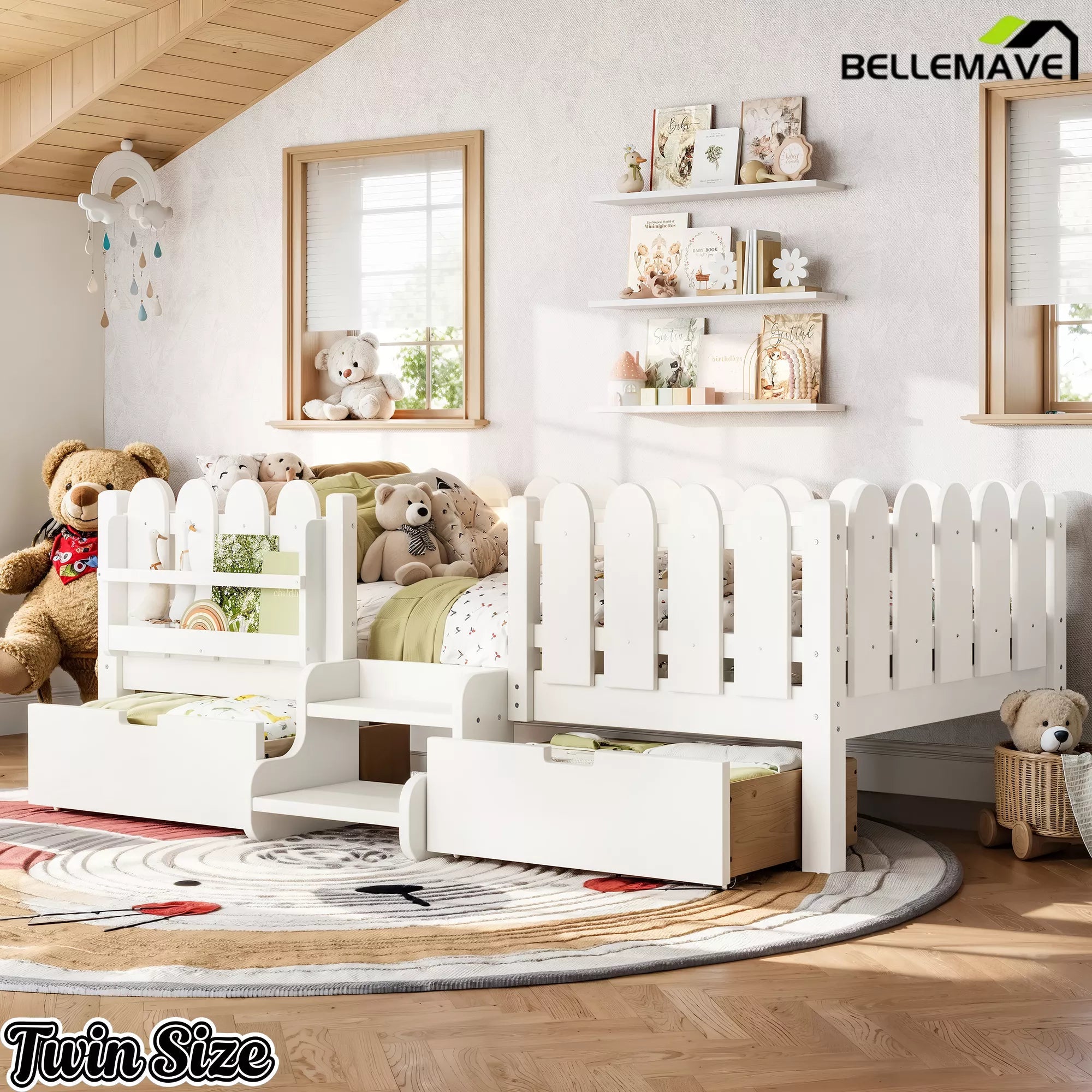 Bellemave® Kids Platform Bed with Guardrail, Bookshelf, Stairs & LED Lights - Bellemave