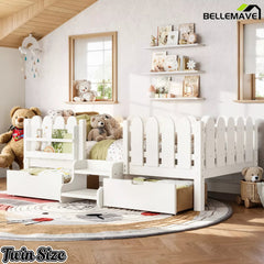 Bellemave® Kids Platform Bed with Guardrail, Bookshelf, Stairs & LED Lights - Bellemave