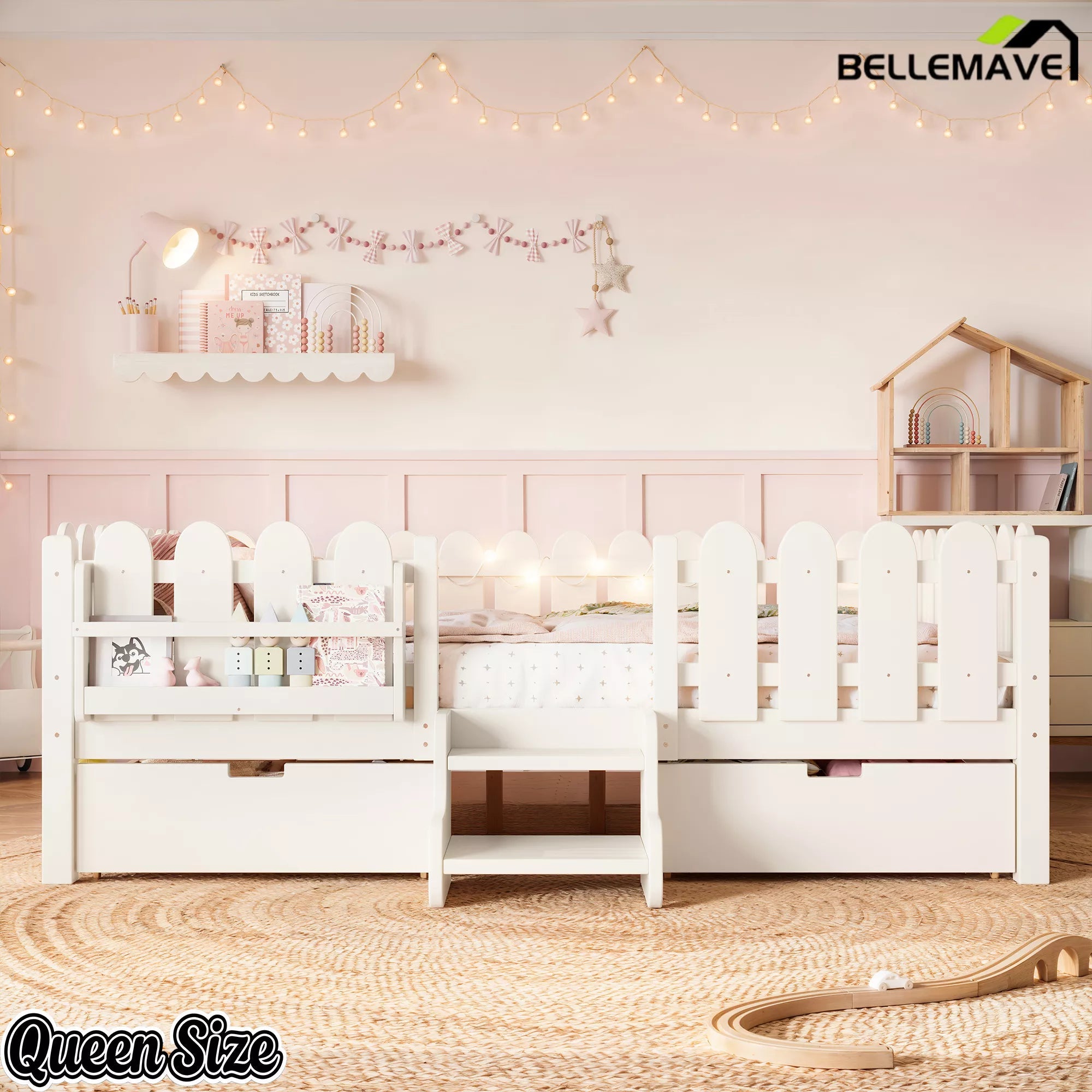 Bellemave® Kids Platform Bed with Guardrail, Bookshelf, Stairs & LED Lights - Bellemave