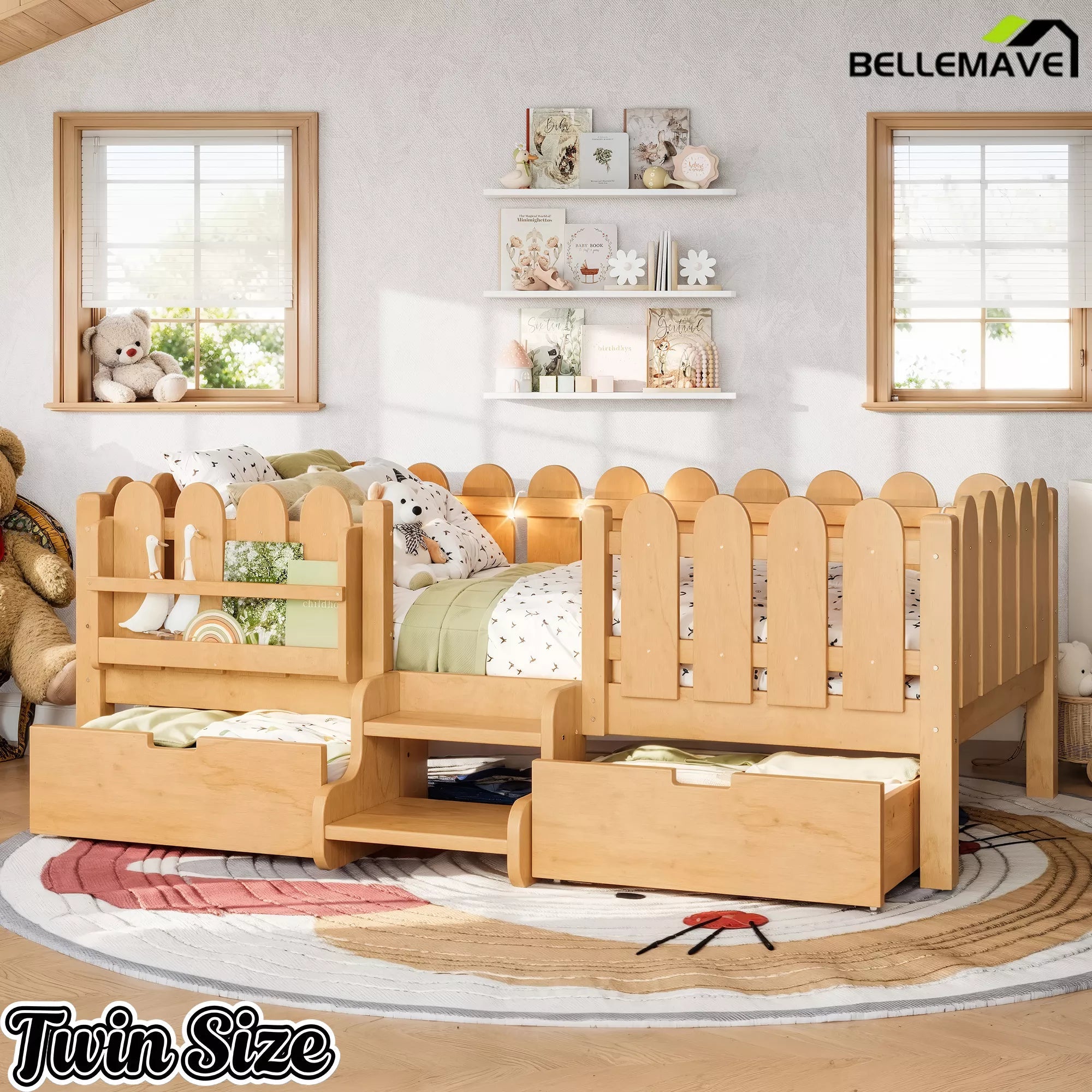 Bellemave® Kids Platform Bed with Guardrail, Bookshelf, Stairs & LED Lights - Bellemave