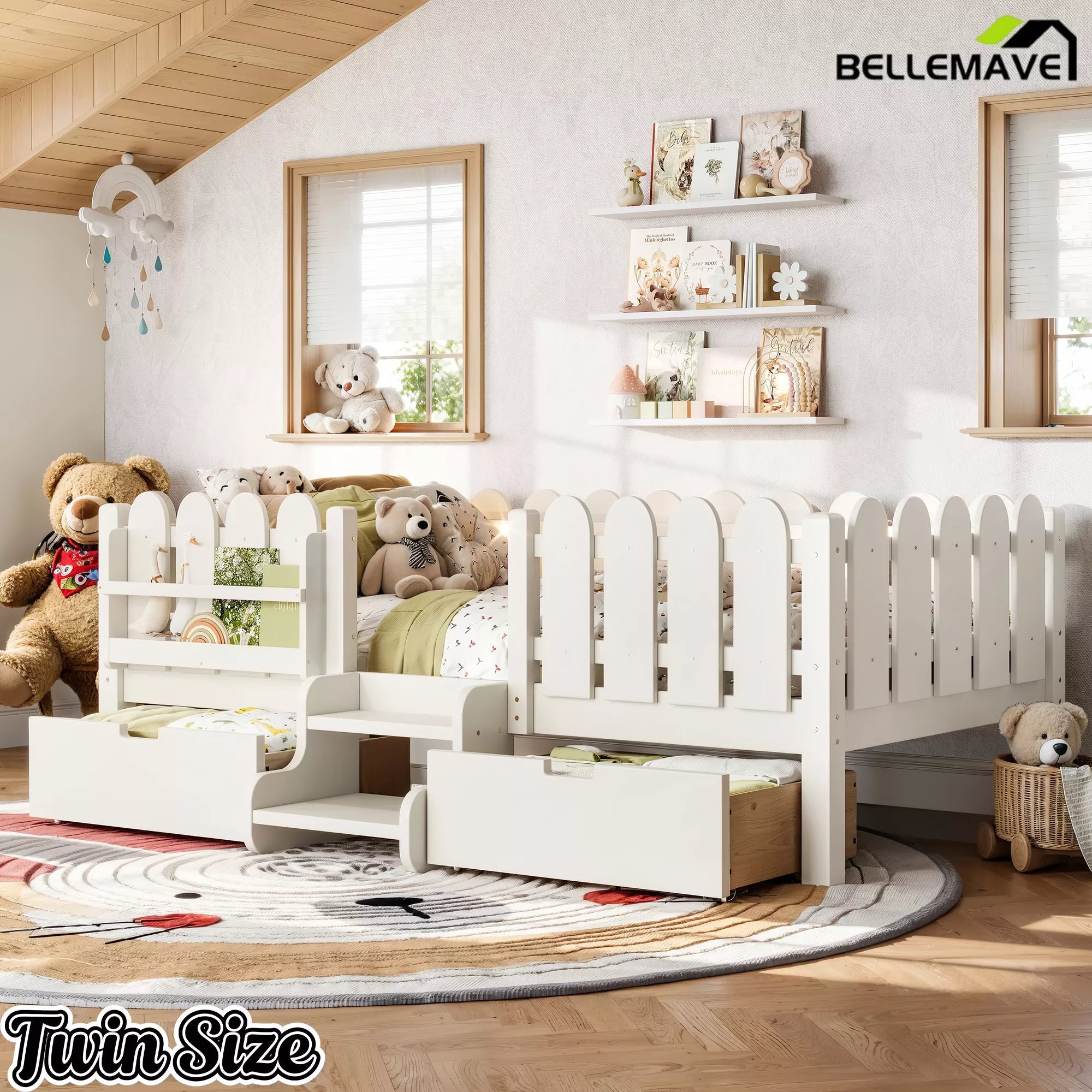Bellemave® Kids Platform Bed with Guardrail, Bookshelf, Stairs & LED Lights - Bellemave