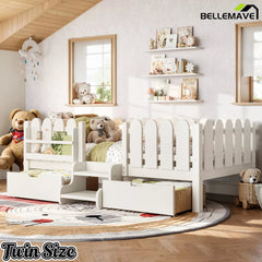 Bellemave® Kids Platform Bed with Guardrail, Bookshelf, Stairs & LED Lights - Bellemave