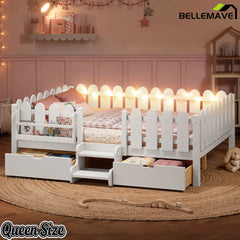 Bellemave® Kids Platform Bed with Guardrail, Bookshelf, Stairs & LED Lights - Bellemave