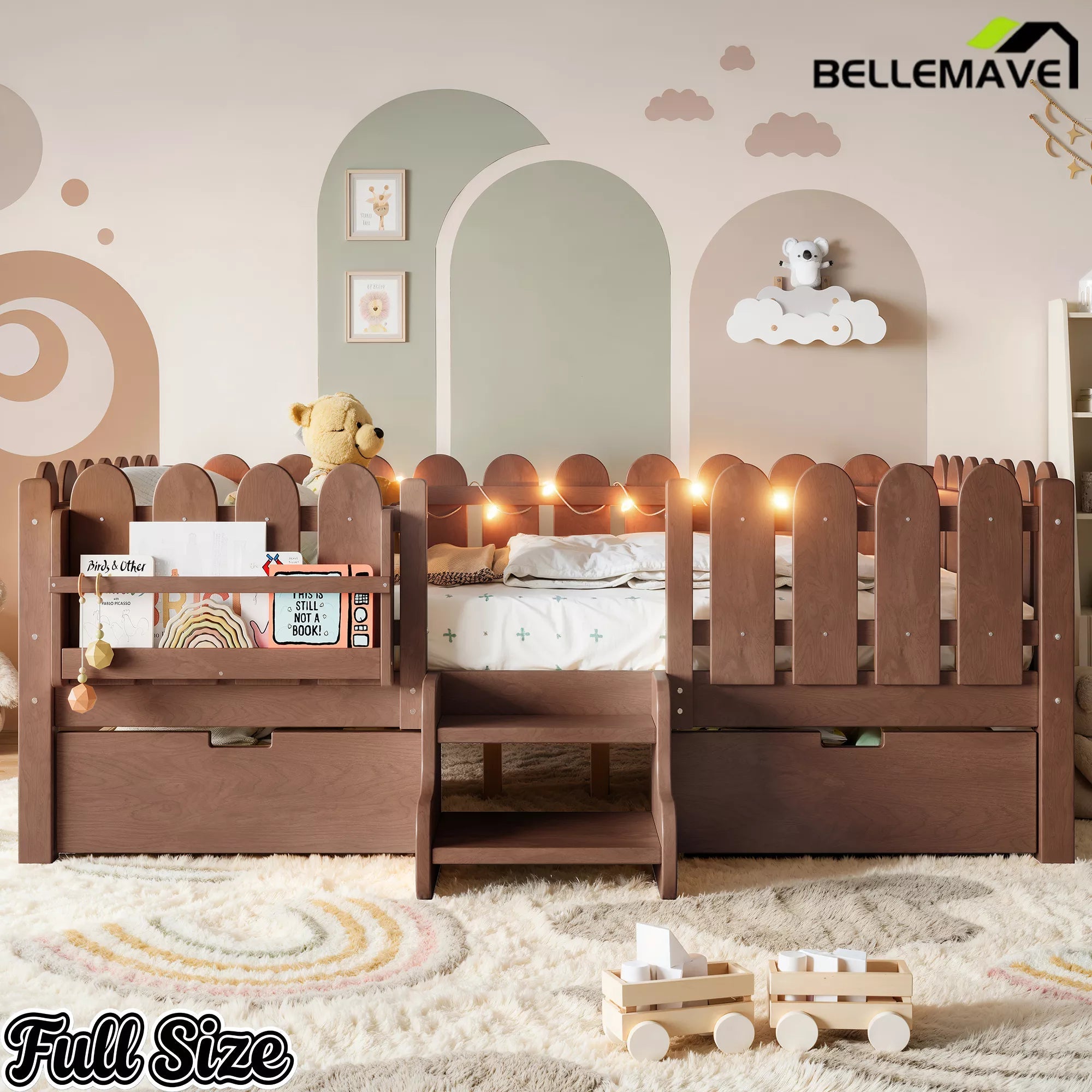 Bellemave® Kids Platform Bed with Guardrail, Bookshelf, Stairs & LED Lights - Bellemave