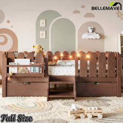 Bellemave® Kids Platform Bed with Guardrail, Bookshelf, Stairs & LED Lights - Bellemave