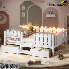 Bellemave® Kids Platform Bed with Guardrail, Bookshelf, Stairs & LED Lights - Bellemave