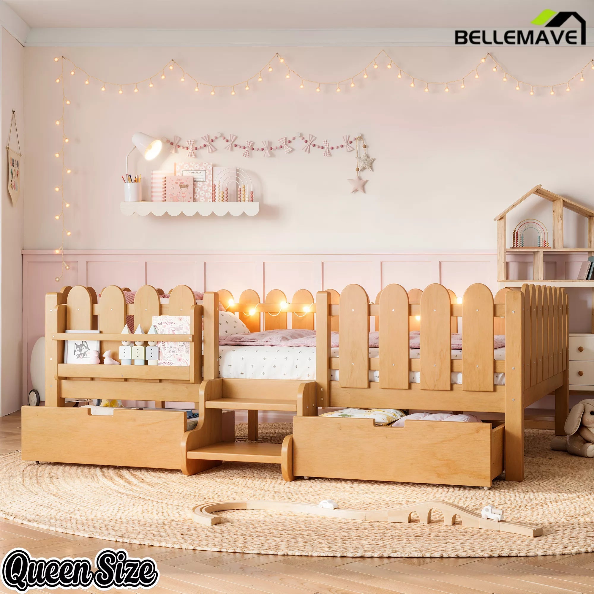Bellemave® Kids Platform Bed with Guardrail, Bookshelf, Stairs & LED Lights - Bellemave