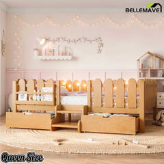 Bellemave® Kids Platform Bed with Guardrail, Bookshelf, Stairs & LED Lights - Bellemave