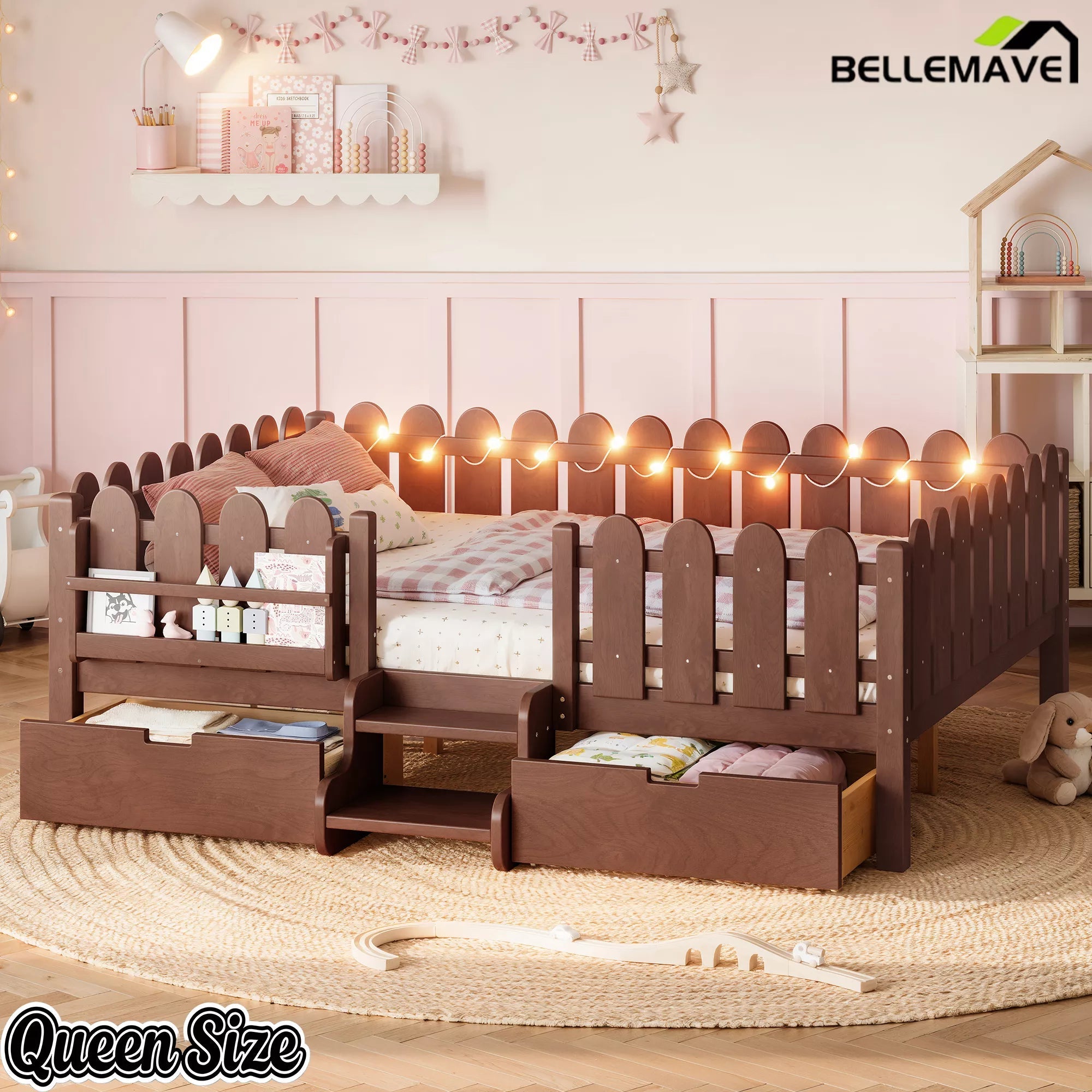 Bellemave® Kids Platform Bed with Guardrail, Bookshelf, Stairs & LED Lights - Bellemave
