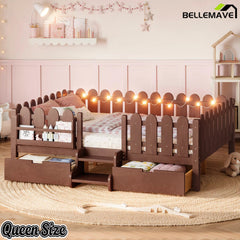 Bellemave® Kids Platform Bed with Guardrail, Bookshelf, Stairs & LED Lights - Bellemave
