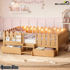 Bellemave® Kids Platform Bed with Guardrail, Bookshelf, Stairs & LED Lights - Bellemave
