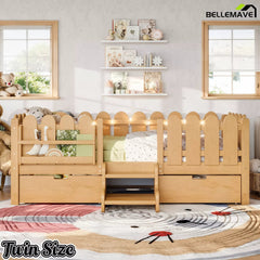 Bellemave® Kids Platform Bed with Guardrail, Bookshelf, Stairs & LED Lights - Bellemave