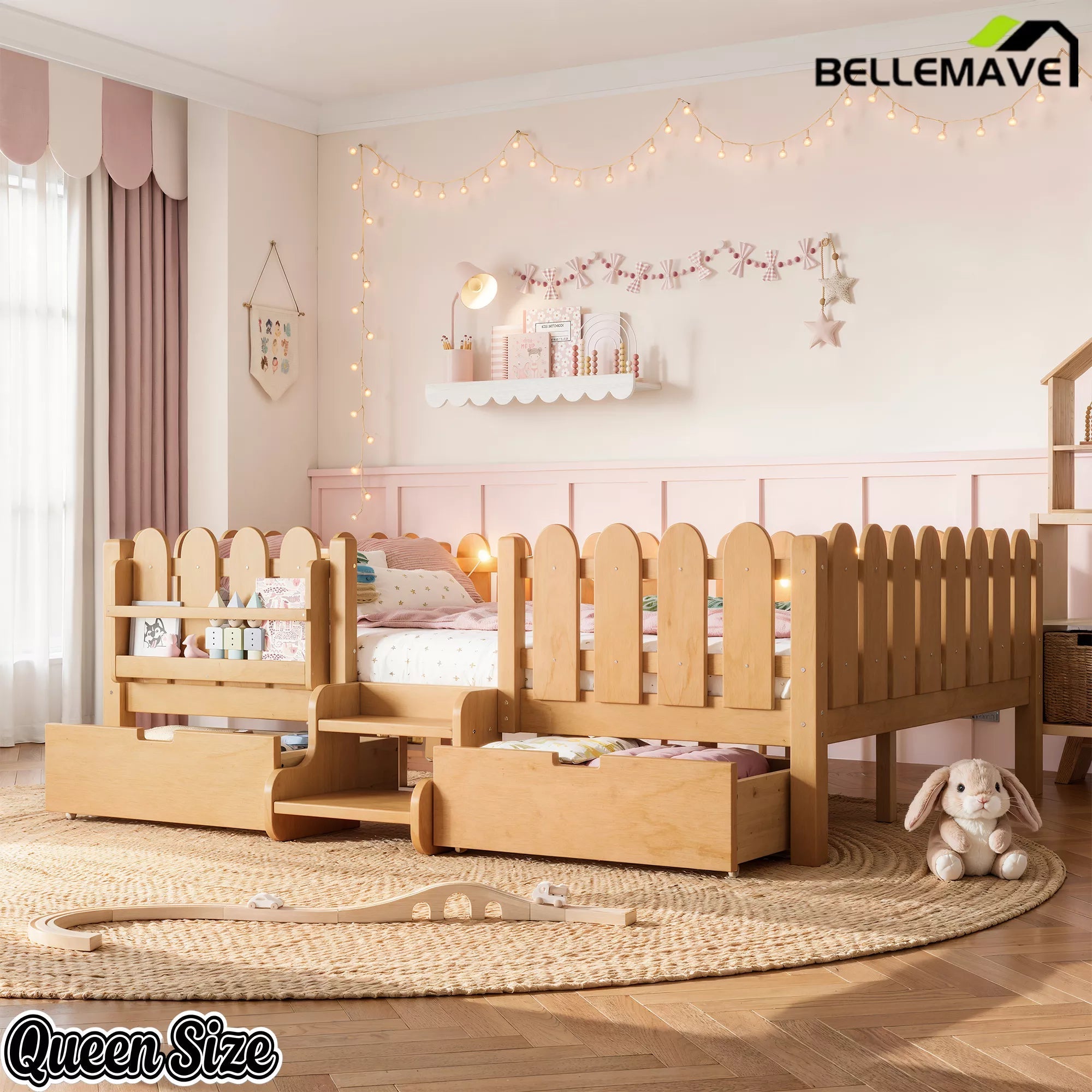 Bellemave® Kids Platform Bed with Guardrail, Bookshelf, Stairs & LED Lights - Bellemave