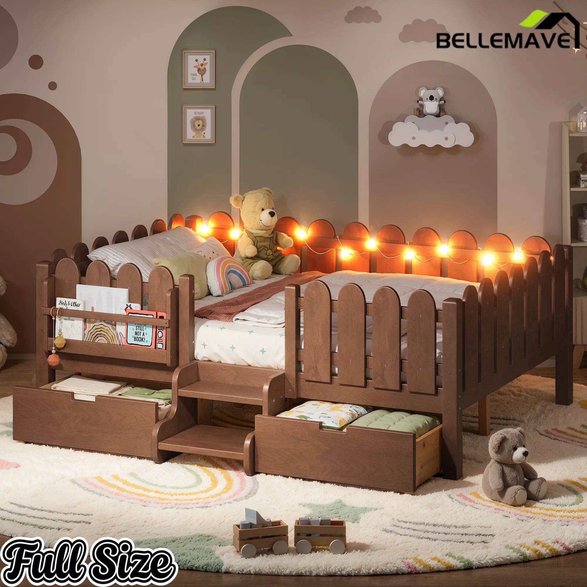 Bellemave® Kids Platform Bed with Guardrail, Bookshelf, Stairs & LED Lights - Bellemave