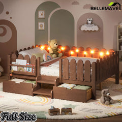 Bellemave® Kids Platform Bed with Guardrail, Bookshelf, Stairs & LED Lights - Bellemave