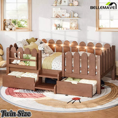 Bellemave® Kids Platform Bed with Guardrail, Bookshelf, Stairs & LED Lights - Bellemave