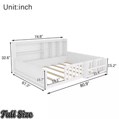 Bellemave® Kids Platform Bed with Guardrail Fence, Wooden Floor Bed Frame with Bookshelf & Side Storage Shelves - Bellemave