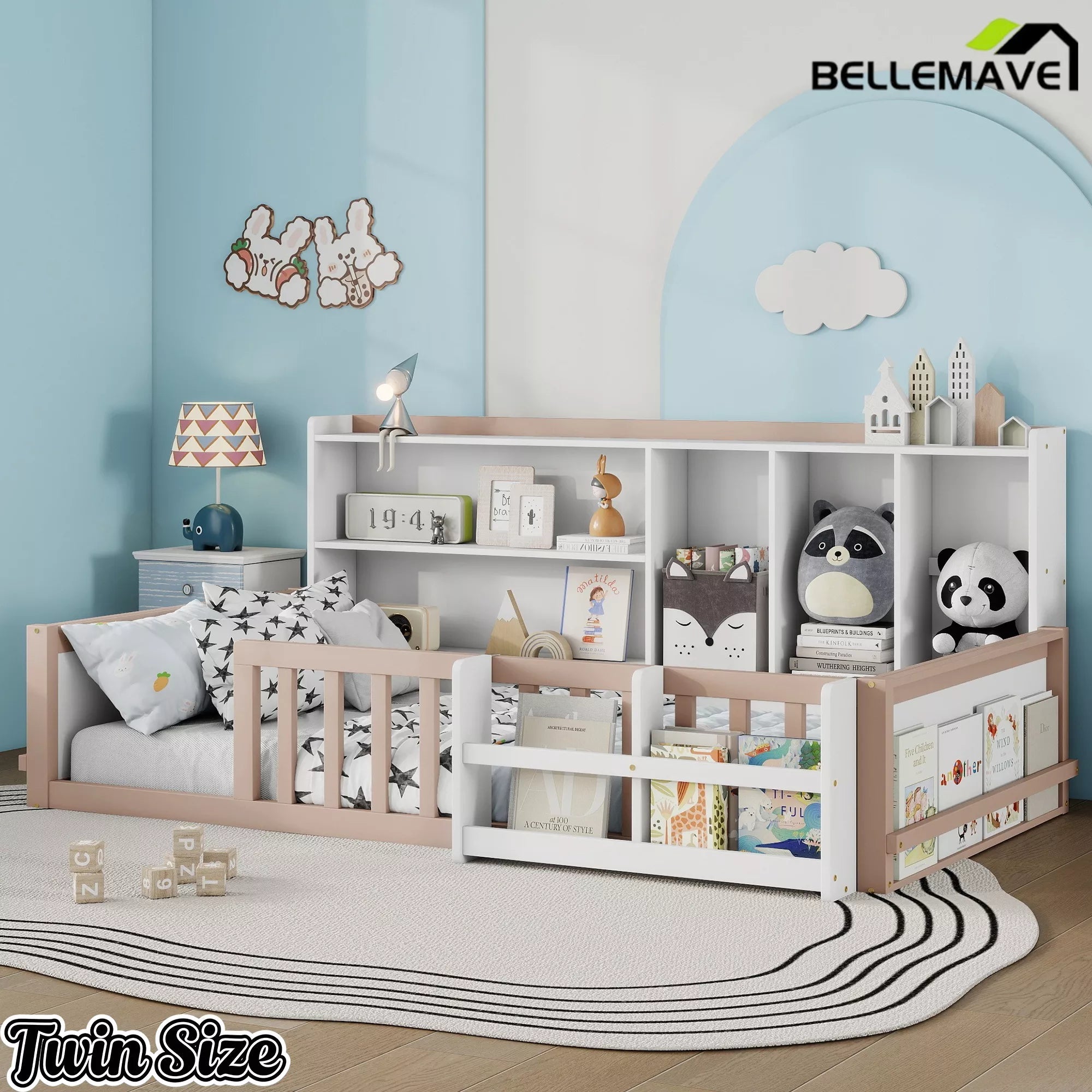 Bellemave® Kids Platform Bed with Guardrail Fence, Wooden Floor Bed Frame with Bookshelf & Side Storage Shelves - Bellemave
