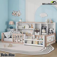 Bellemave® Kids Platform Bed with Guardrail Fence, Wooden Floor Bed Frame with Bookshelf & Side Storage Shelves - Bellemave