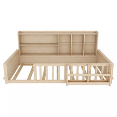 Bellemave® Kids Platform Bed with Guardrail Fence, Wooden Floor Bed Frame with Bookshelf & Side Storage Shelves - Bellemave