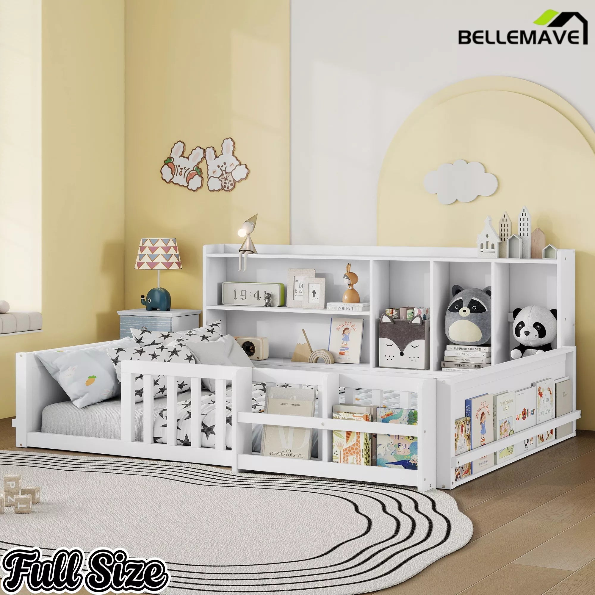Bellemave® Kids Platform Bed with Guardrail Fence, Wooden Floor Bed Frame with Bookshelf & Side Storage Shelves - Bellemave