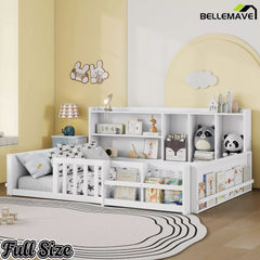 Bellemave® Kids Platform Bed with Guardrail Fence, Wooden Floor Bed Frame with Bookshelf & Side Storage Shelves - Bellemave