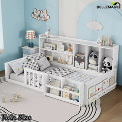 Bellemave® Kids Platform Bed with Guardrail Fence, Wooden Floor Bed Frame with Bookshelf & Side Storage Shelves - Bellemave