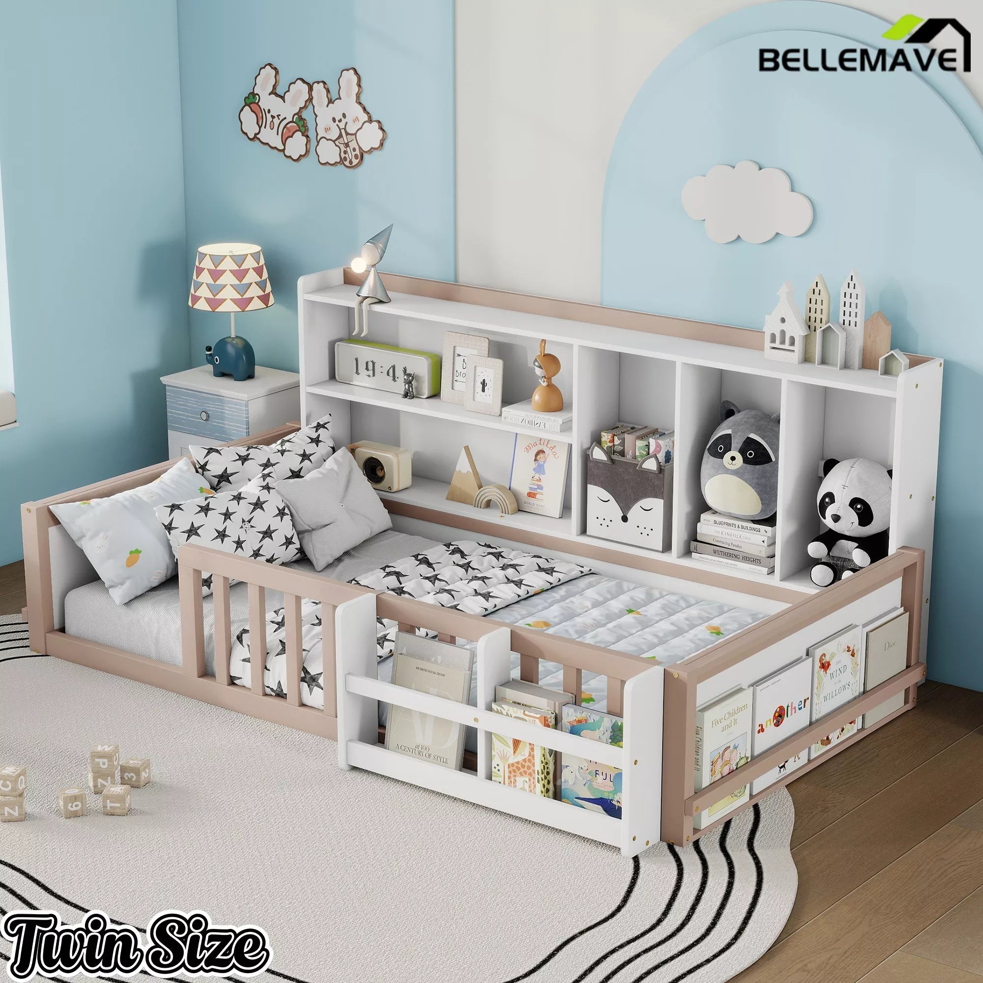Bellemave® Kids Platform Bed with Guardrail Fence, Wooden Floor Bed Frame with Bookshelf & Side Storage Shelves - Bellemave