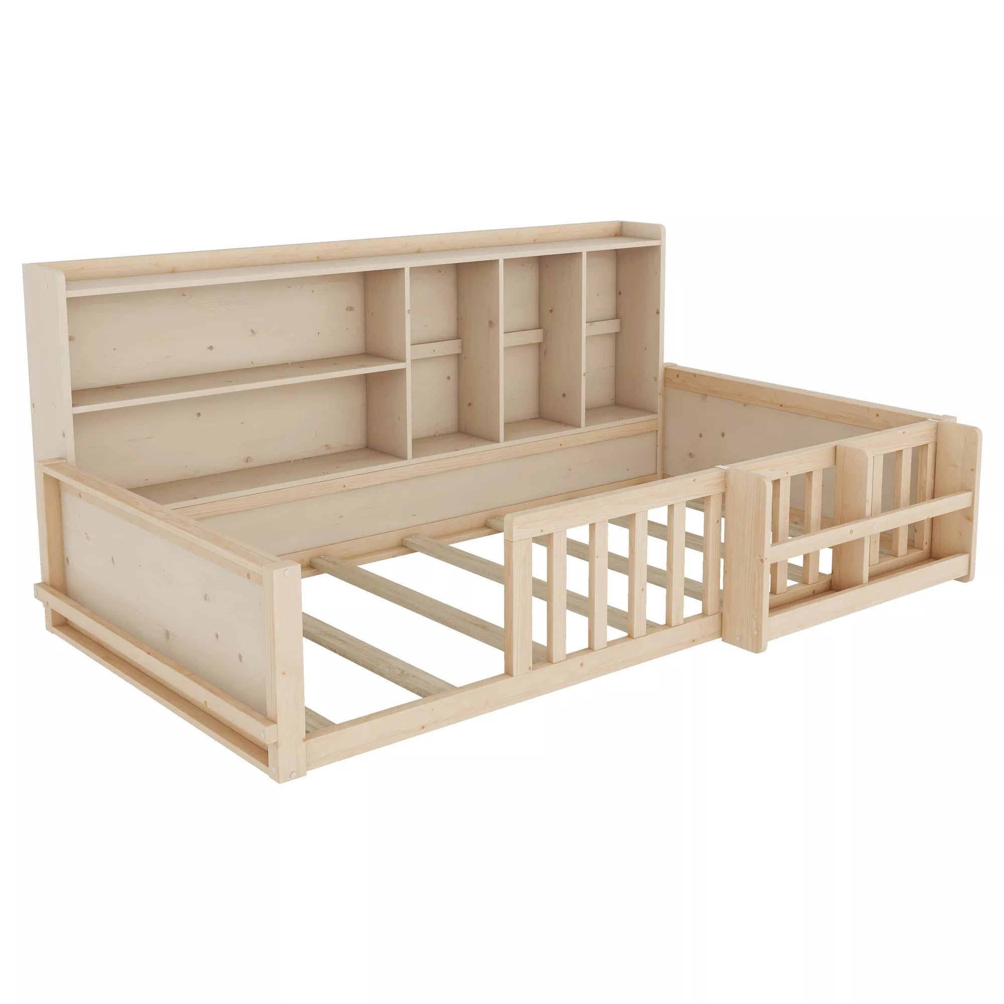 Bellemave® Kids Platform Bed with Guardrail Fence, Wooden Floor Bed Frame with Bookshelf & Side Storage Shelves - Bellemave