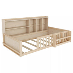 Bellemave® Kids Platform Bed with Guardrail Fence, Wooden Floor Bed Frame with Bookshelf & Side Storage Shelves - Bellemave