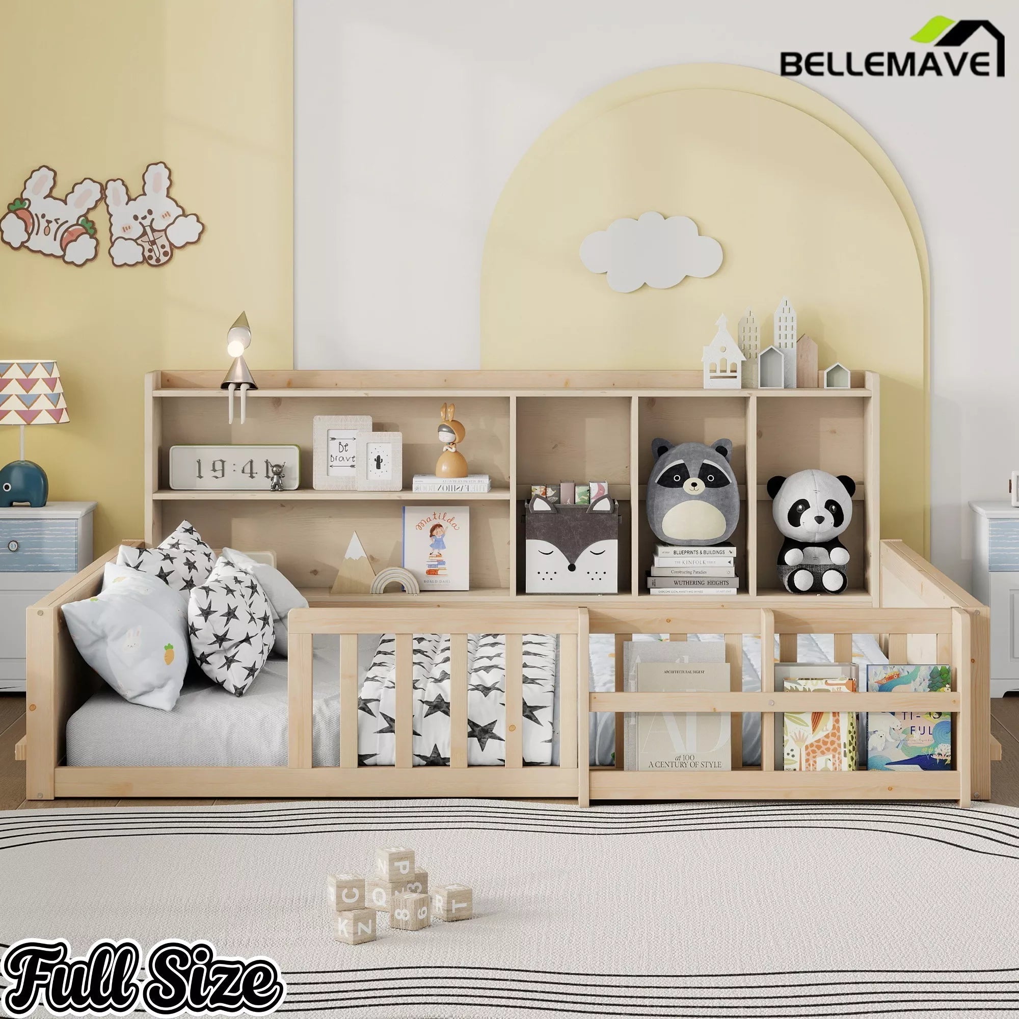 Bellemave® Kids Platform Bed with Guardrail Fence, Wooden Floor Bed Frame with Bookshelf & Side Storage Shelves - Bellemave