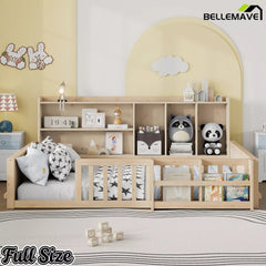 Bellemave® Kids Platform Bed with Guardrail Fence, Wooden Floor Bed Frame with Bookshelf & Side Storage Shelves - Bellemave